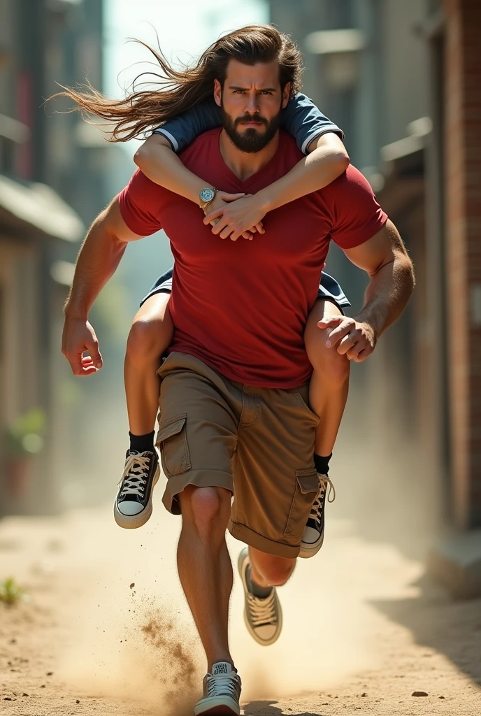 Muscular man wearing a shirt with long shorts Long loose shorts With pockets on the sides with converse sneakers red T-shirt and brown shorts Long short, Normal musculature With beard and baseball cap Realistic musculature Running at a high speed with a woman in a school uniform Sailor uniform with short skirt on her back in an alley Like a hero Kicking up dust for speed