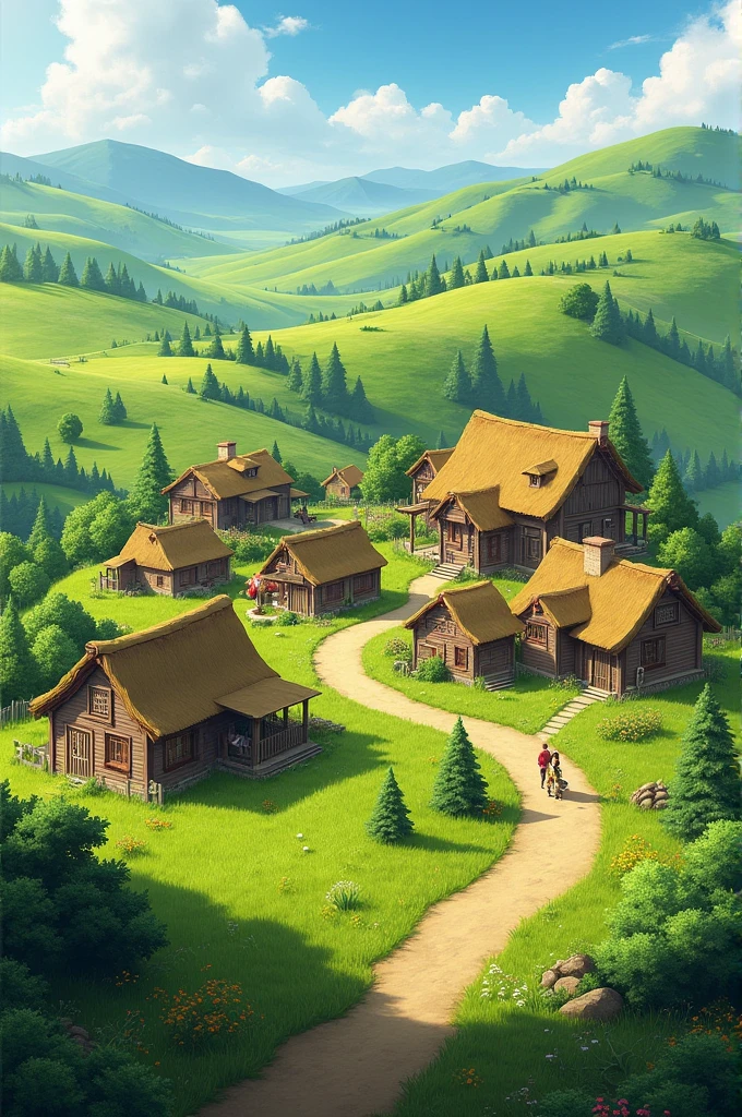 Image of a small village outside, surrounded by lush green fields.