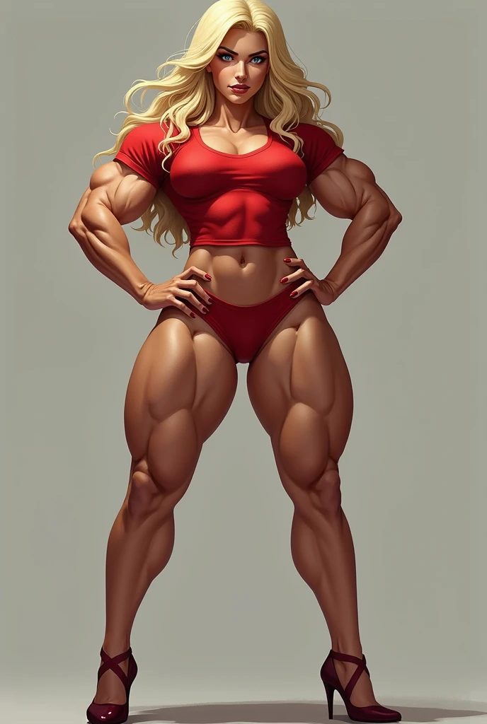 blonde, big breasts, musclegirl, blue colored eyes, red nails, high-heels, T-shirt with neckline, muscular arms, pernas musclegirls