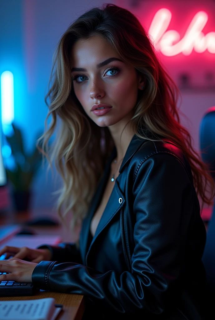 beautiful young happy very beautiful girl, blue charming eyes, sophisticated face, medium size prominent bust and ass, brown black long hair, black rugged leather medium jacket, sitting behind desk in office, dark, dark, blue and pink neon, pc, hacking,( , close-up, focus, style), soft lighting, 8k