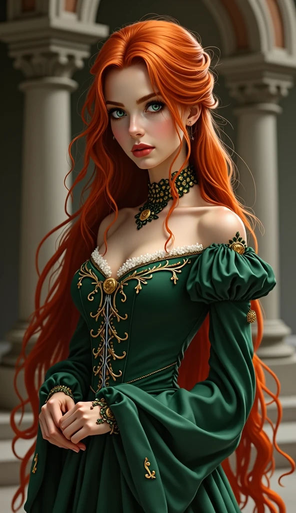 young woman, long hair, red hair, green eyes, perfect body, perfect hands, collar, dress (long, noble, medieval), sexy pose, digital art, full body