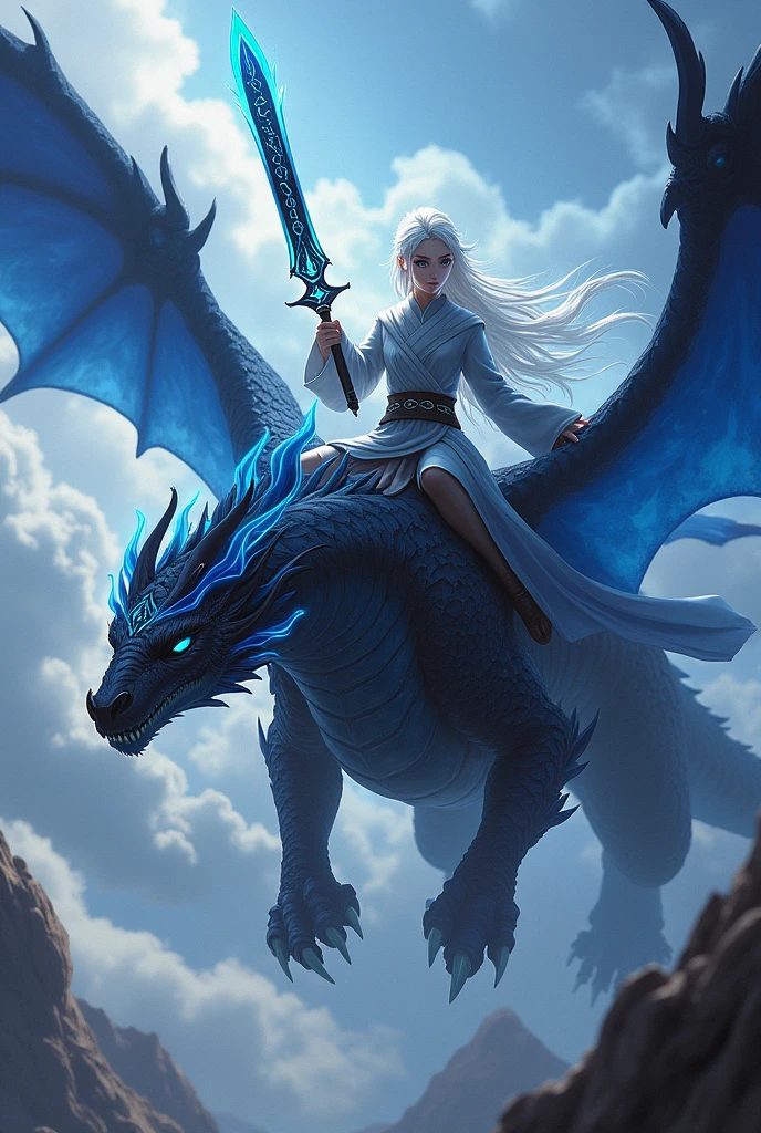 A white-haired young cultivator riding a black fire dragon with blue wings and carrying a black and blue sword.