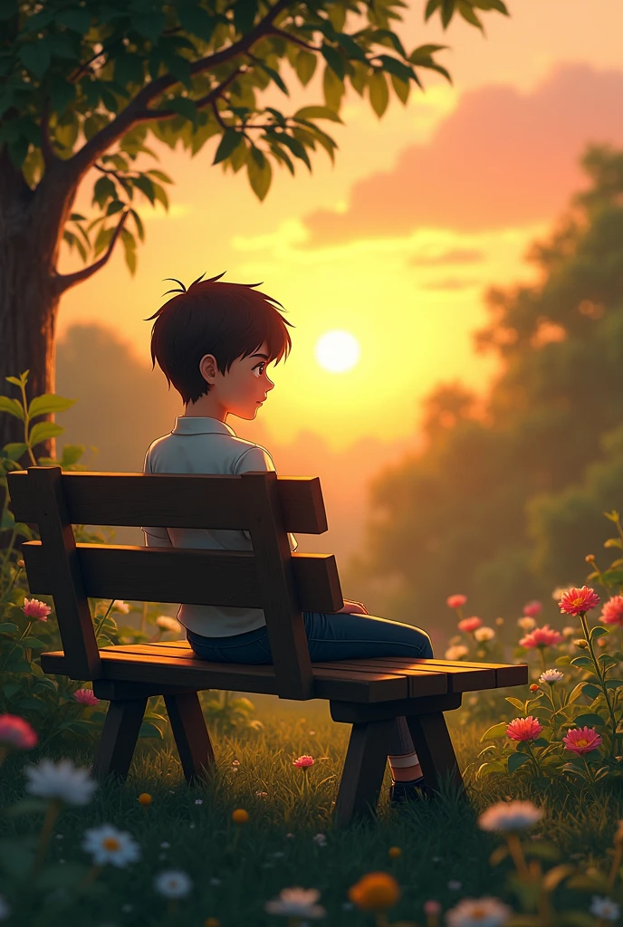 A alone sad mature boy sitting on the bench in the garden
During sunset evening