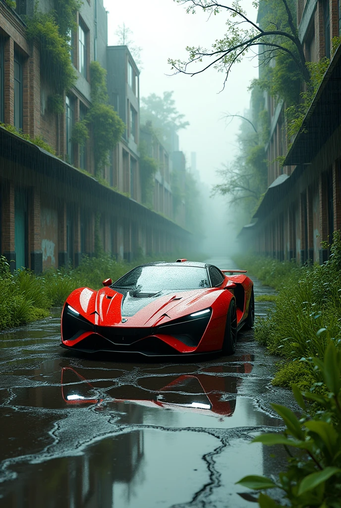 Lamborghini future car, post-apocalyptic city street scene, tree grow everywhere, dilapidated buildings, cracked pavement, overgrown tall grass, cloudy dramatic sky, greeny, light rain, water reflection the car, reflection photography, cinematic lighting, cinematic composition, highly detailed, photorealistic