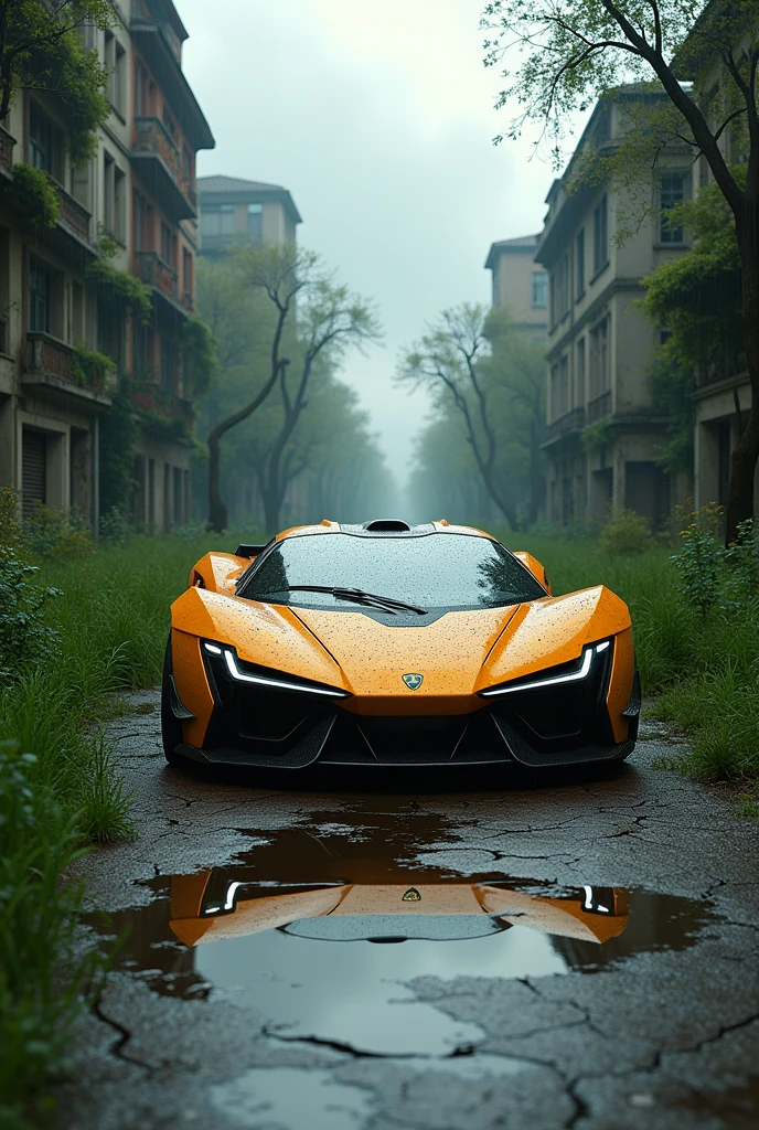 Lamborghini future car, post-apocalyptic city street scene, tree grow everywhere, dilapidated buildings, cracked pavement, overgrown tall grass, cloudy dramatic sky, greeny, light rain, water reflection the car, reflection photography, cinematic lighting, cinematic composition, highly detailed, photorealistic
