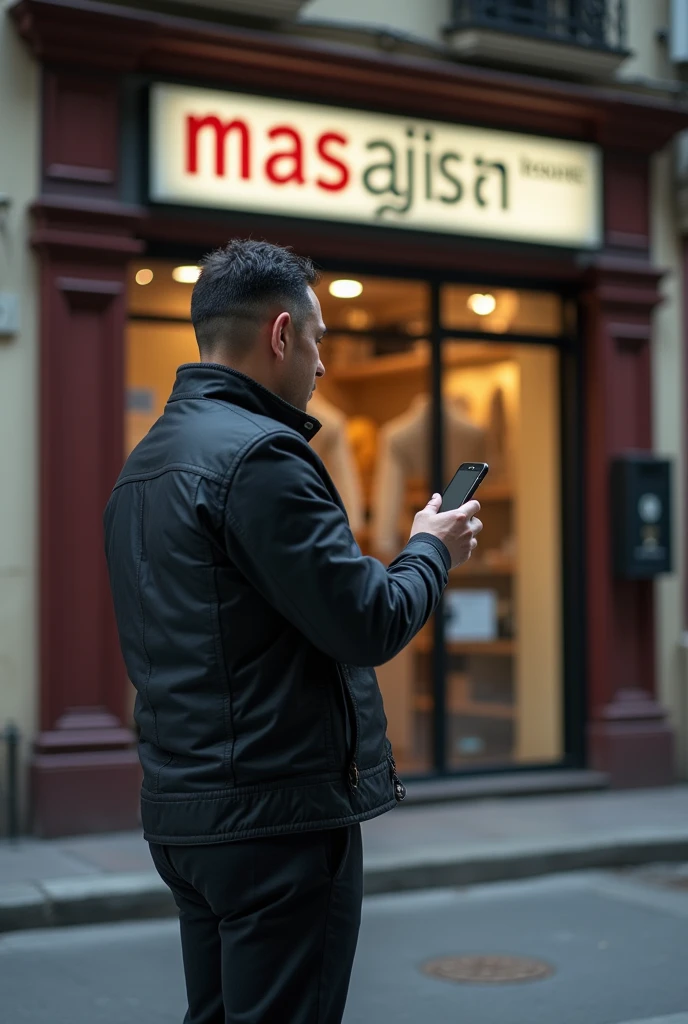 A man on the street , front a hairdresser( You can see the men from behind and you can see the sign where it is write " MASAJISTA" He is holding the phone in his hand pointing towards the display case.(as if I like she recording with the mobile camera).