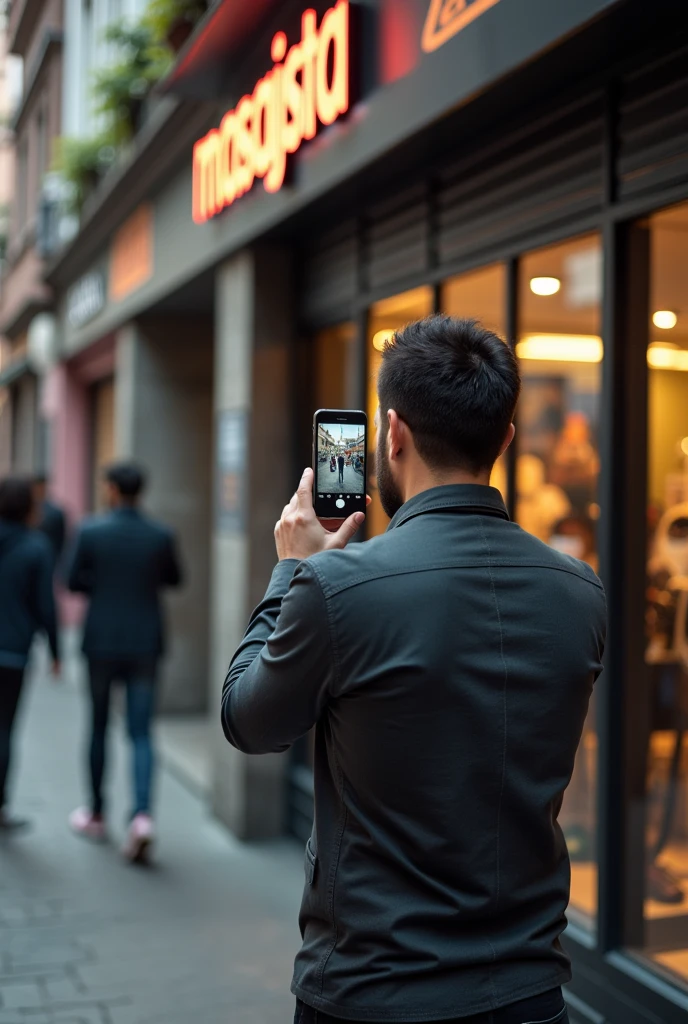 A man on the street , front a hairdresser( You can see the men from behind and you can see the sign where it is write " MASAJISTA" He is holding the phone in his hand pointing towards the display case.(as if I like she recording with the mobile camera).