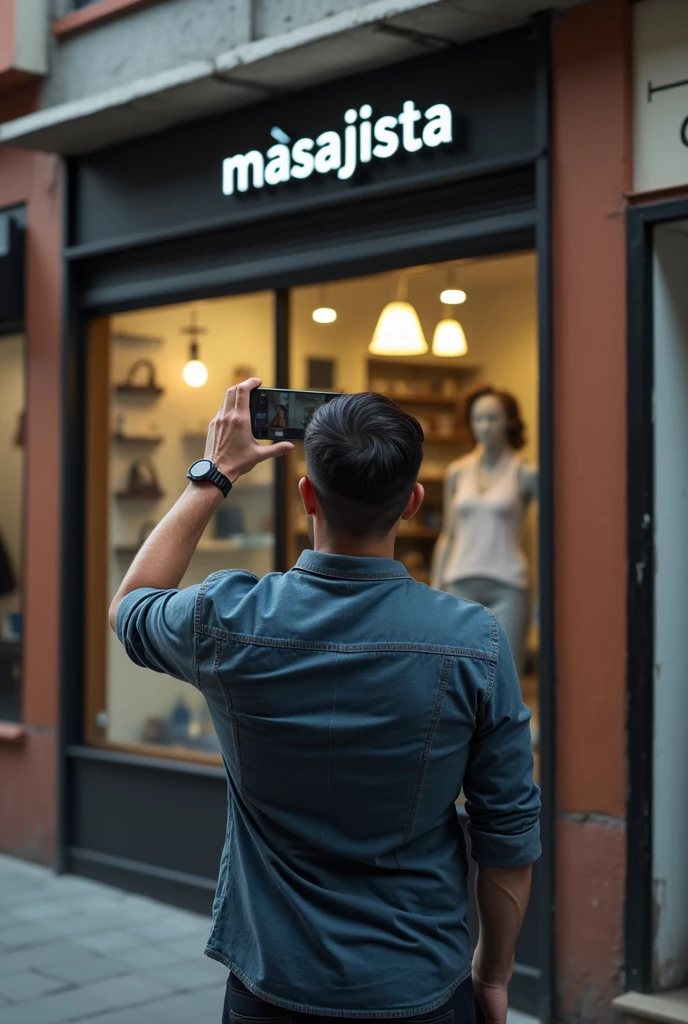 A man on the street , front a hairdresser( You can see the men from behind and you can see the sign where it is write " MASAJISTA" He is holding the phone in his hand pointing towards the display case.(as if I like she recording with the mobile camera).