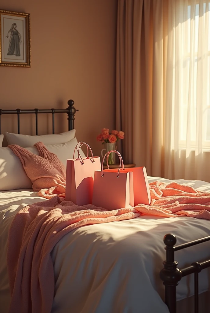 Shopping bags on the bed and dresses