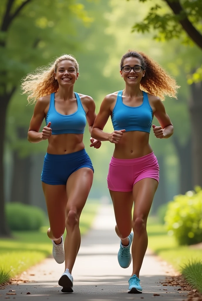 A blonde woman with curly hair tied back and glasses, culona, big boobs, blue tank top, tight pink mini sports shorts running in a park with her brown haired friend in blue sportswear with big butt and toned abdomen and huge breasts
