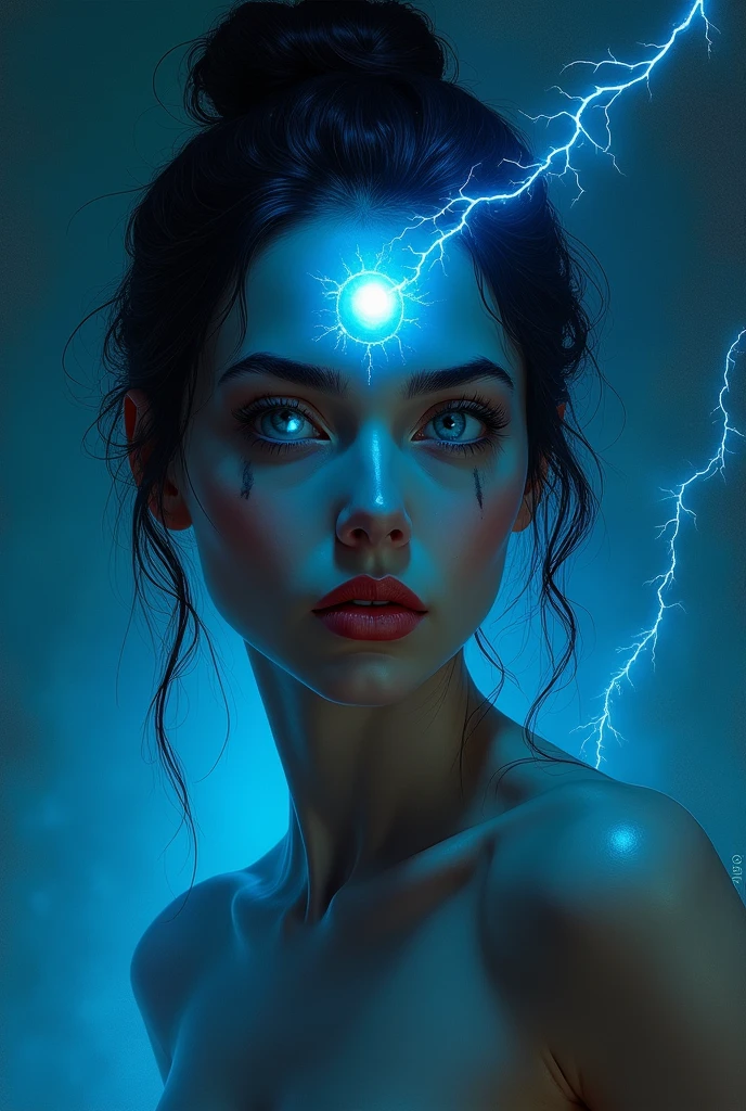 A mysterious and alluring femme solitaire, glowing blue with enchantment, her midnight hair twisted in a bun, her visage moonlit by ethereal backlighting. Her gaze pierces the fabric of existence, as if seeking solidarity in your own unease. A crystalline orb graces her forehead, a testament to her mystique. Her lips are locked in a pensive pout, hinting at a deep emotional resonance. The air crackles with electricity, illuminating the darkness with unnatural light. As you stand captivated by her otherworldly presence, you can't help but wonder if her mesmerizing blue gaze hides a dazzling secret. The scene is painted with the bold brushstrokes of a noirish aura, dripping with cinematic flair reminiscent of the legendary director Darren Aronofsky. The color grading is warm and intimate, drawing you into the scene with its soft hues and subtle texture. The film grain is just discernible, adding a layer of nostalgia to this timeless snapshot of unrevealed potential.