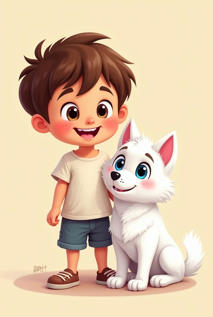 Create a cartoon image of a young brown-haired boy with a small, all-white, blue-eyed husky on a beige background