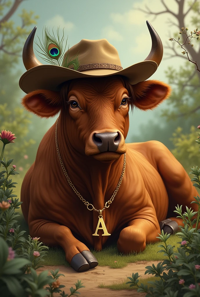 BROWN AGE BULL LYING DOWN IN A COWBOY HAT WITH A PEACOCK FEATHER, black eyes, IN A LANDSCAPE OF HERBS, WITH A GOLD NECKLACE WITH THE INITIAL AND THE PENDANT WITH THE INITIAL A , realist , warm colors, by Greg Rutkowski, by Alphonse Mucha