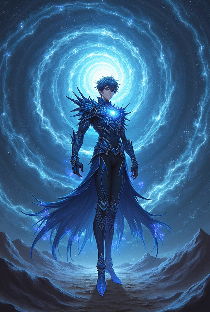 A male anime character with dark powers standing at the center of a spinning cosmic vortex. This being exudes an aura of invincibility, with a majestic and imposing presence that extends across multiple dimensions. Ialdabaoth is adorned in intricate, shimmering armor that reflects the stars, with ethereal, energy-like tentacles extending from its back. His eyes shine with a bright, otherworldly light, and the environment around him warps under his immense power. The background is a mesmerizing mix of deep space and ever-shifting dimensional rifts., showing its multidimensional nature.