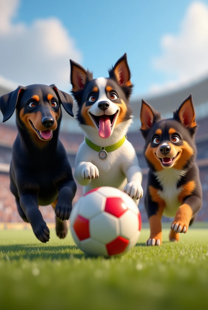 GENERATE THREE DOGS ONE BLACK DOG WITH LIGHT BROWN CHIN AND THE SECOND DOG OF THE BREED Border Collie BLACK WITH WHITE GRAY SPOTS WITH PINK NOSE AND THE THIRD DOG OF THE BREED Border Collie DARK BROWN AS IF IT WAS PLAYING SOCCER AS IT WAS IN THE 2024 PARIS OLYMPICS WITH PIXAR STYLE DESIGN