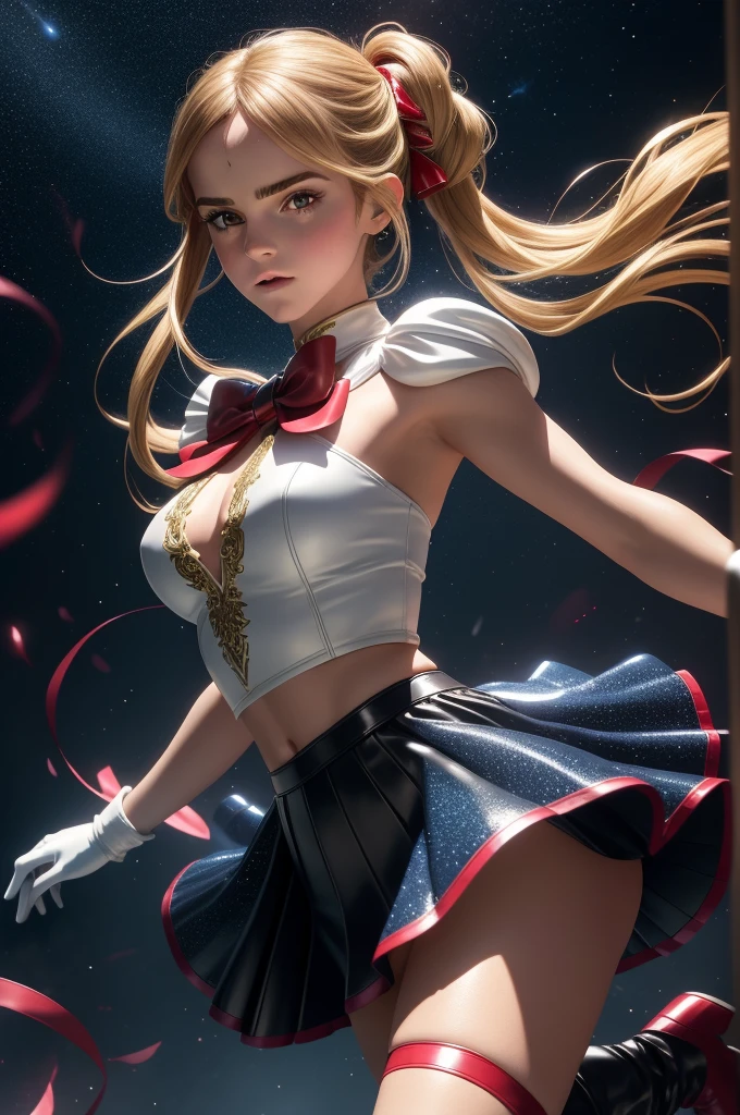 Arti modern anime. angled view, face closeup action portrait beautiful Emma Watson, long blonde pigtails, transforming scene, leaning forward, slim body, highly ornamented and detailed "glitter crystal leather clothing details", ("blue leather skirt"), ("red chest bow"), ("white leather gloves"), angle, "knee high heel leather boots", depth of field blur effect, night, photorealistic. cinematic lighting, highly detailed. best quality, 4k, Better hand, perfect anatomy, coy cute flirty focused expression, reflection, flat chested, highly ornamented clothing, fight battle pose, surrounded by star dust sparkling around her, red ribbons spinning around body, bright light from forehead, stars in the background