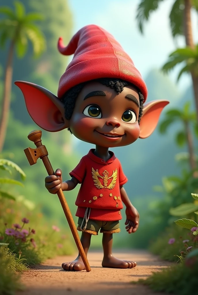 Create a saci with a stick in his hand smiling 3d animation