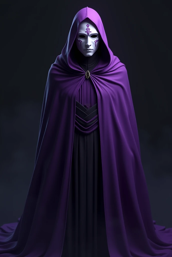 A mysterious character wearing a majestic purple cape, with a white mask adorned with minimalist purple details. The cape flows in the wind, creating a sense of movement. The background is dark and contrasting, with deep shadows that highlight the character's figure. They stand tall, exuding confidence and authority.