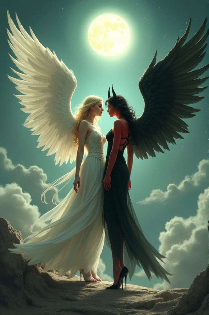 (highest quality, masterpiece, High resolution), 16K, fantasy art, RPG art a picture of (((1 female))), BREAK a (1female Angel: 1.3) , wearing intricate dress glam dress, ((black dress: 1.3)) pale skin, best details beautiful face , (blonde: 1.2) hair, long hair vy hair (green: 1.1) eye, High heelsブーツ, large Angelic wings, (white: 1.2) angelic wings spread BREAK ((and)) a (1female demon: 1.3), (red: 1.4) skin, Devil's Wings, (black: 1.1) Devil's Wings spread, Devil horns, (red: 1.1) skin, black hair, red eye, best details beautiful face, wearing a intricate dress glam dress, ((white dress: 1.3)), High heels, in the border between heaven and hell, moon, stars, cloud, god rays, soft nあturあl light silhouette, dynamic angle, Photorealism, panoramic view (Masterpiece 1.3, intense details) , Wide-angle, ultra-wide