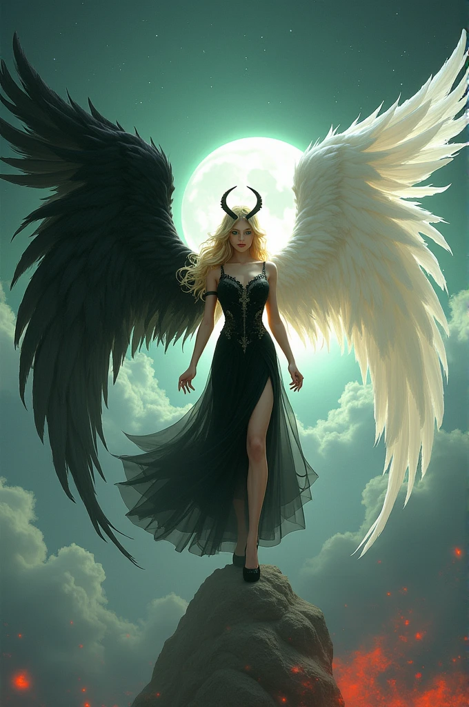 (highest quality, masterpiece, High resolution), 16K, fantasy art, RPG art a picture of (((1 female))), BREAK a (1female Angel: 1.3) , wearing intricate dress glam dress, ((black dress: 1.3)) pale skin, best details beautiful face , (blonde: 1.2) hair, long hair vy hair (green: 1.1) eye, High heelsブーツ, large Angelic wings, (white: 1.2) angelic wings spread BREAK ((and)) a (1female demon: 1.3), (red: 1.4) skin, Devil's Wings, (black: 1.1) Devil's Wings spread, Devil horns, (red: 1.1) skin, black hair, red eye, best details beautiful face, wearing a intricate dress glam dress, ((white dress: 1.3)), High heels, in the border between heaven and hell, moon, stars, cloud, god rays, soft nあturあl light silhouette, dynamic angle, Photorealism, panoramic view (Masterpiece 1.3, intense details) , Wide-angle, ultra-wide
