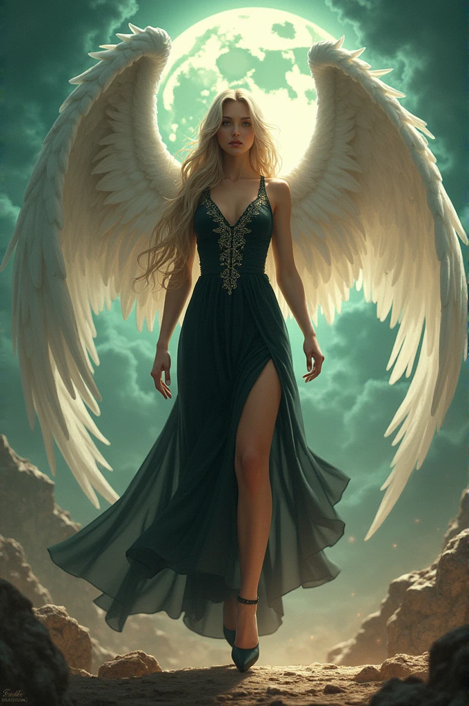 (highest quality, masterpiece, High resolution), 16K, fantasy art, RPG art a picture of (((1 female))), BREAK a (1female Angel: 1.3) , wearing intricate dress glam dress, ((black dress: 1.3)) pale skin, best details beautiful face , (blonde: 1.2)  hair, long hair vy hair  (green: 1.1) eye, High heelsブーツ,  large Angelic wings, (white: 1.2) angelic wings spread BREAK ((and))  a (1female demon: 1.3), (red: 1.4) skin, Devil&#39;s Wings, (black: 1.1) Devil&#39;s Wings spread, Devil horns, (red: 1.1) skin, black hair, red eye, best details beautiful face, wearing a intricate dress glam dress, ((white dress: 1.3)), High heels, in the border between heaven and hell, moon, stars, cloud, god rays, soft nあturあl light silhouette, dynamic angle,  Photorealism, panoramic view (Masterpiece 1.3, intense details) , Wide-angle, ultra-wide