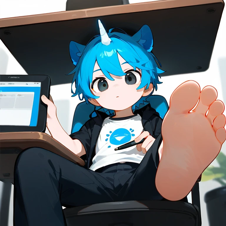 A cute boy sitting on a swivel chair,Alone,Low Angle,Hold the tablet,Holding a pen,black eyes,barefoot,Blue Hair,Blue unicorn,black eyes,White T-shirt,Black jacket,Black pants,Perfect feet,A big foot,Lift one foot,Stand on one foot,(youth),Under table angle