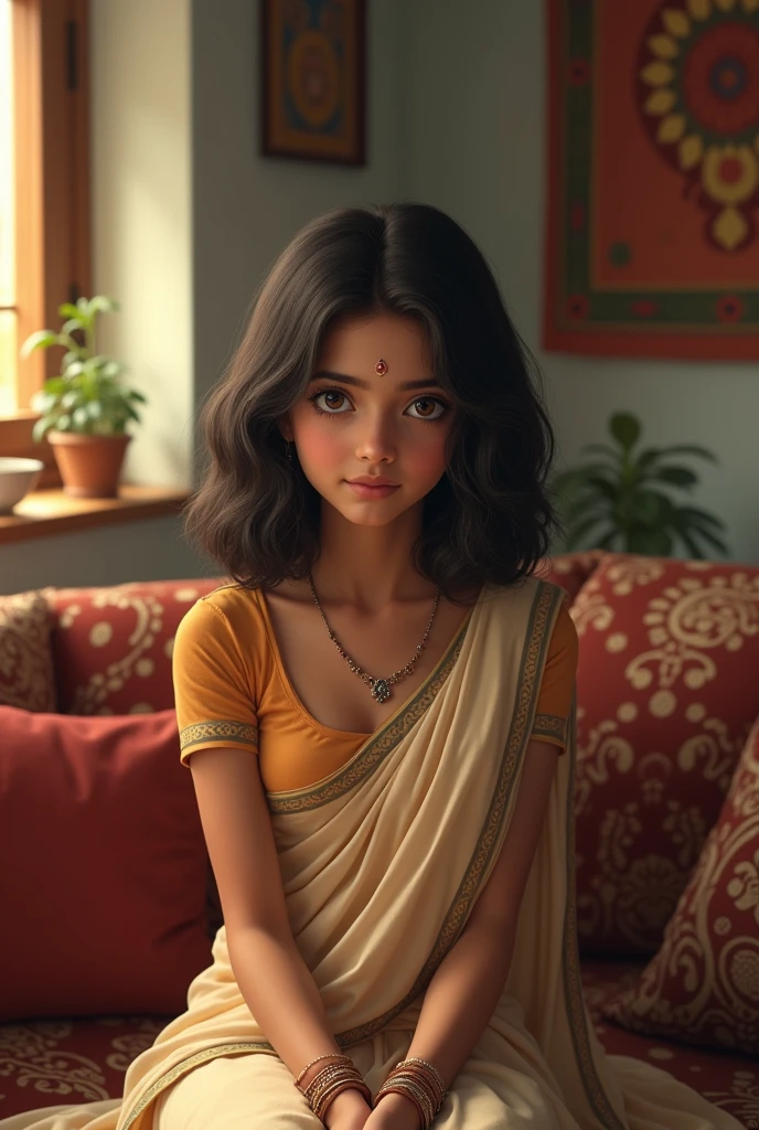 A Indian teen girl medium hair medium breast sitting on sofa Indian house Indian frock realistic