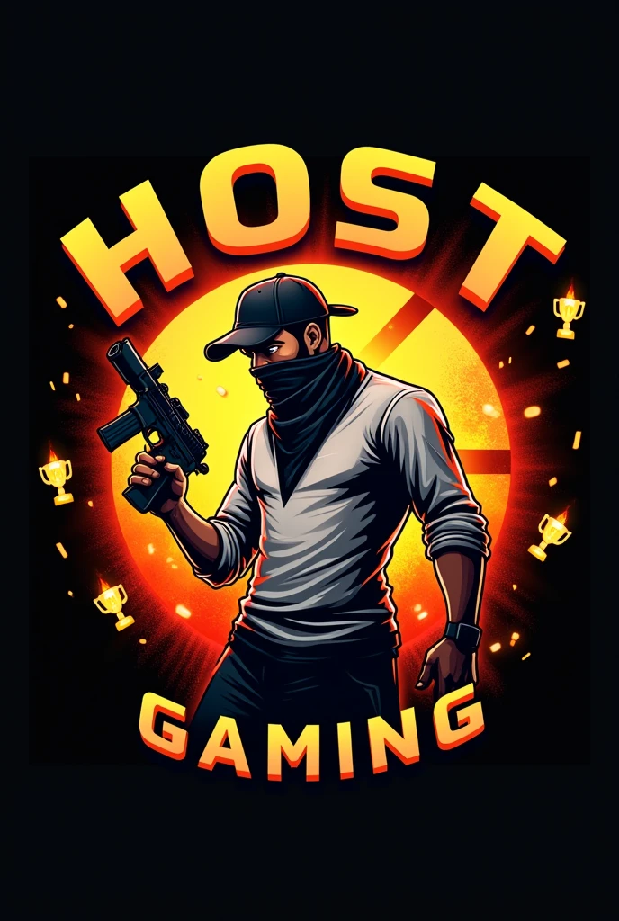 "Create a circular logo for 'Host Gaming'. The black background features orange and yellow accents. In the center, illustrate a man with a black baseball cap and bandana, holding a gun against a fiery orange-red backdrop with a central 'G'. He wears a white shirt and black pants. Above him, 'Host' is written in bold yellow letters. The design should be bold and eye-catching." Flying awards with fire effect free fire ka character 