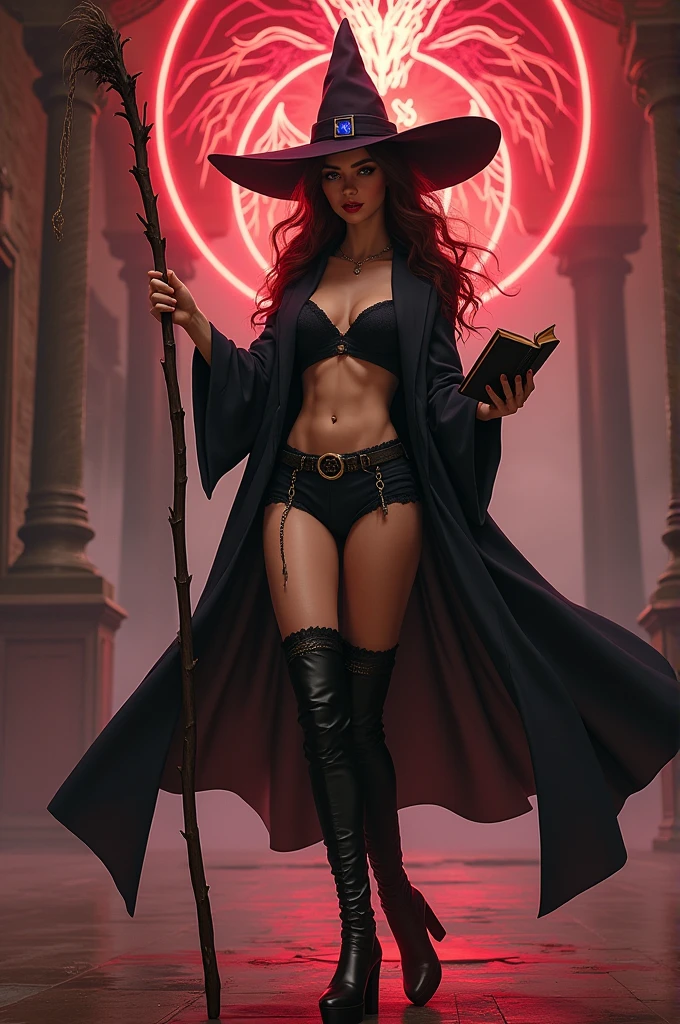((Best Quality)), ((masterpiece)), (detailed), (original), (realist), young girl, crimson demon, Witch hat, wardrobe mostly trench coat, witch boots, staff stick, cyan sapphire stone, short cape, show belly, slim, sexy, cintura slim, belt, book in his left hand, you can see the thread of the panties, on the pants, big ass, big tits, hebilla,