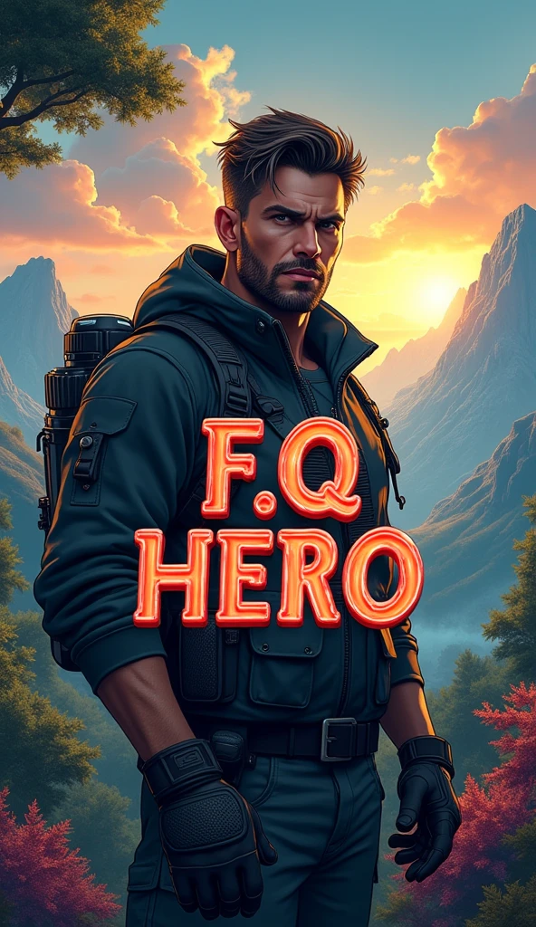 There is word title "F.Q HERO". Title word with beautiful and stylish wallpaper. ultra HD, aesthetic, realistic, natural, gaming, action. There is an adventurer man in the background.