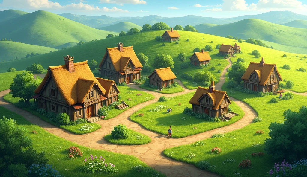 Image of a small village outside, surrounded by lush green fields.