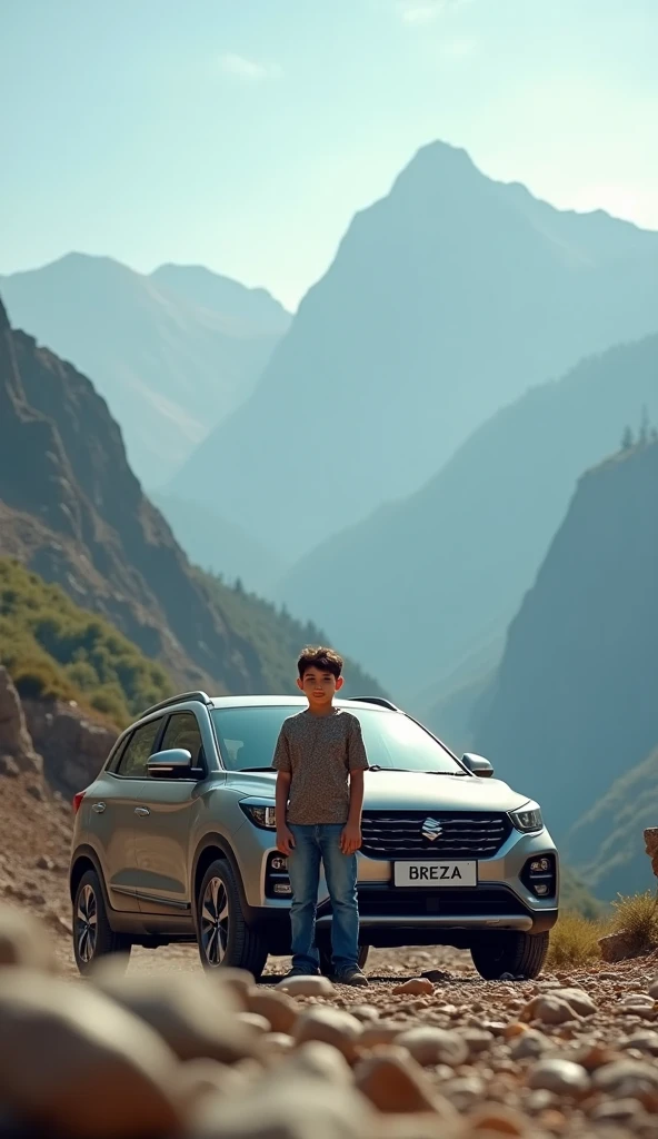 Brezza car photos in mountain boy standing in front