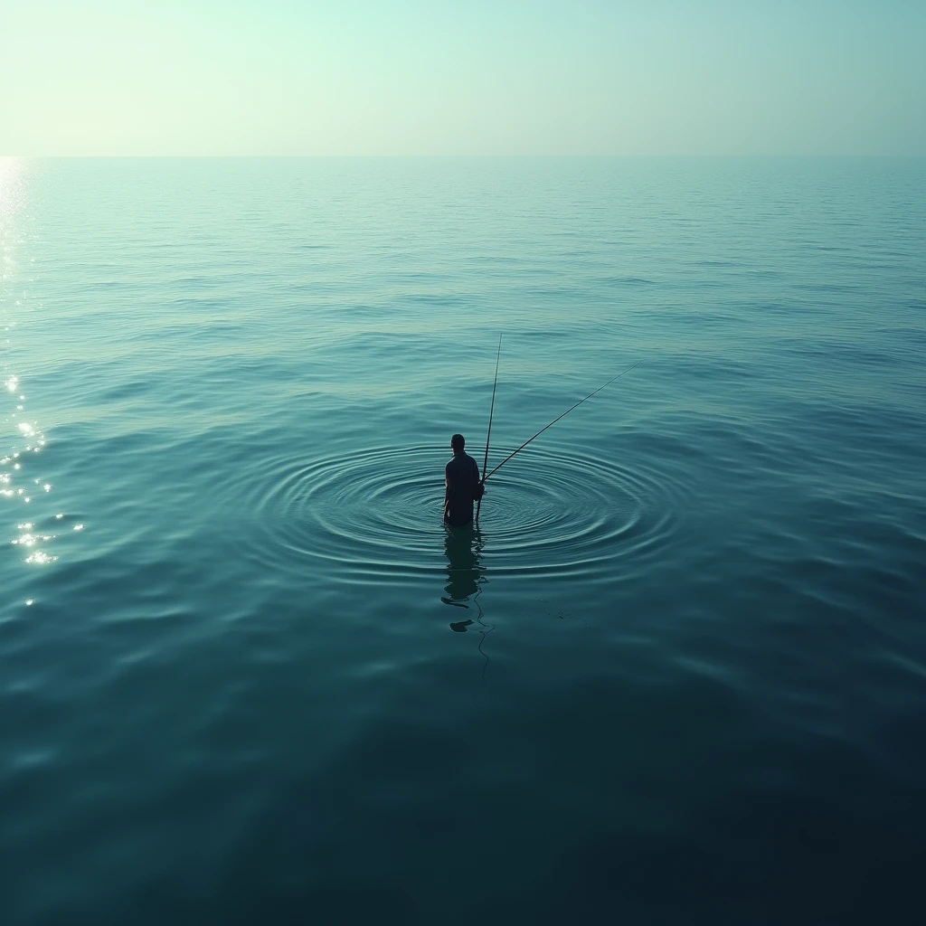 On the vast sea or broad lake surface, a angler enjoys the tranquility of isolation alone. Using high angle photography to showcase the loneliness of anglers and the vastness of their surrounding environment. Beautiful cinematic lighting, surreal, color graded, dynamic movement, captivating chiaroscuro, full body, award-winning, cinematic still, emotional, vignette, dynamic, vivid, (masterpiece, best quality, photorealistic, Professional, perfect composition, very aesthetic, absurdres, ultra-detailed, intricate details:1.3)