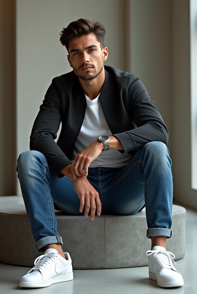 A beautiful young man sitting on chair wear jacket and jeans and nike shoes 
