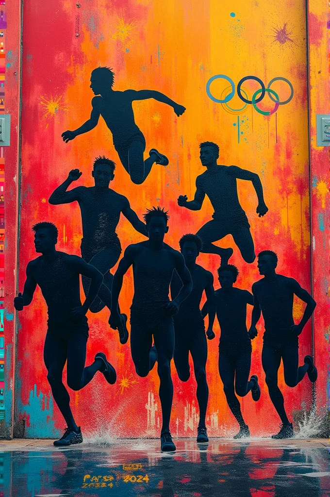 Graffiti of Athletes in Motion**
   - **concept**: A group of silhouettes of athletes in action (in a hurry, jumping, swimming) drawn in black with colored lines representing speed and energy.
   - **colors**: Vibrant background in warm tones (red, orange) that highlight the black silhouettes.
   - **Details**: The Olympic rings and "paris 2024" in a corner of graffiti, complementing the scene.