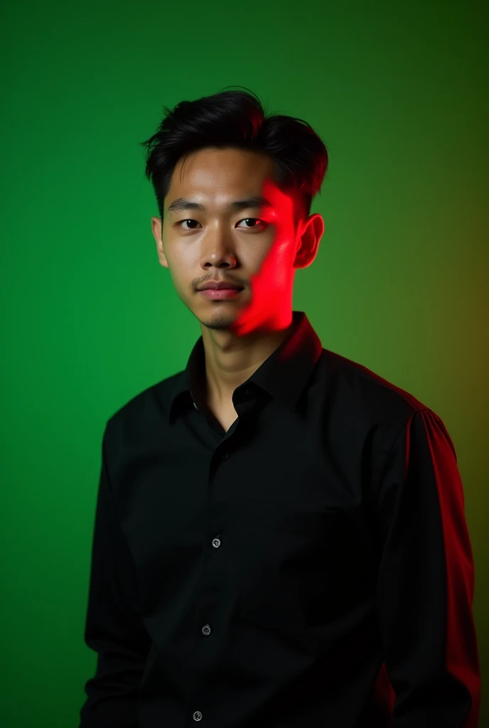 A photo of a 21-year-old professional wearing a black shirt standing in a green background with little red light effect on left soulder and 8k resolution 
