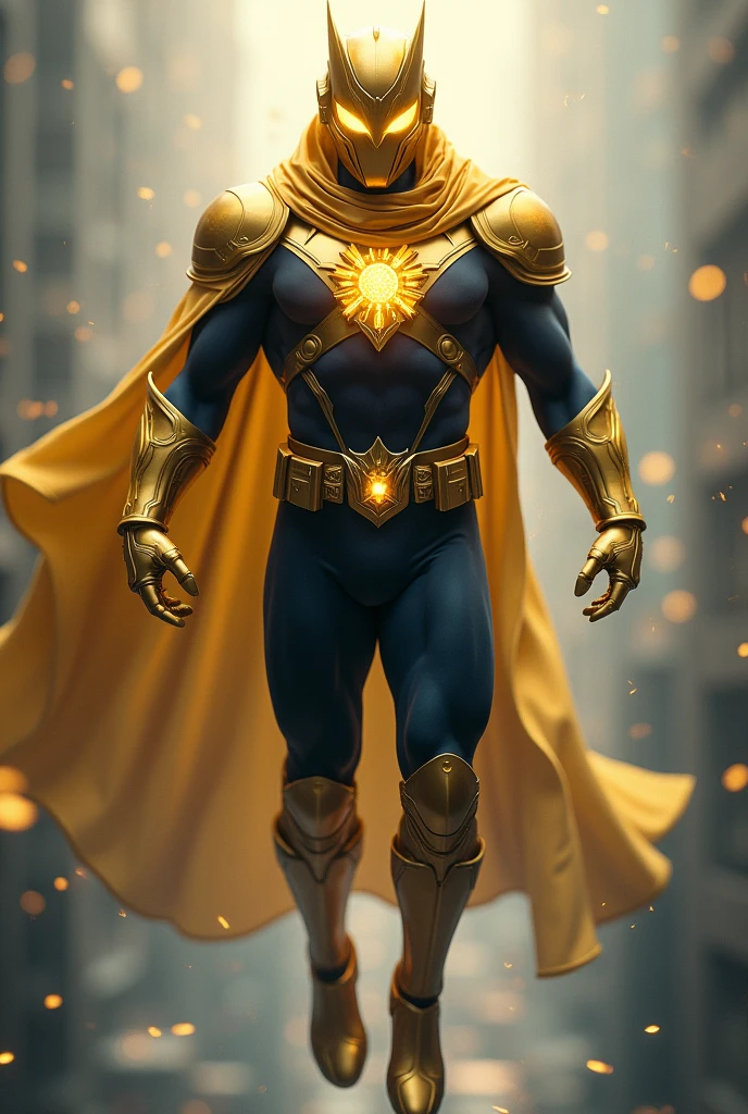 Superhero, golden knight full helmet, golden amulet, golden gloves and boots, golden belt, dark blue costume, floating pose,