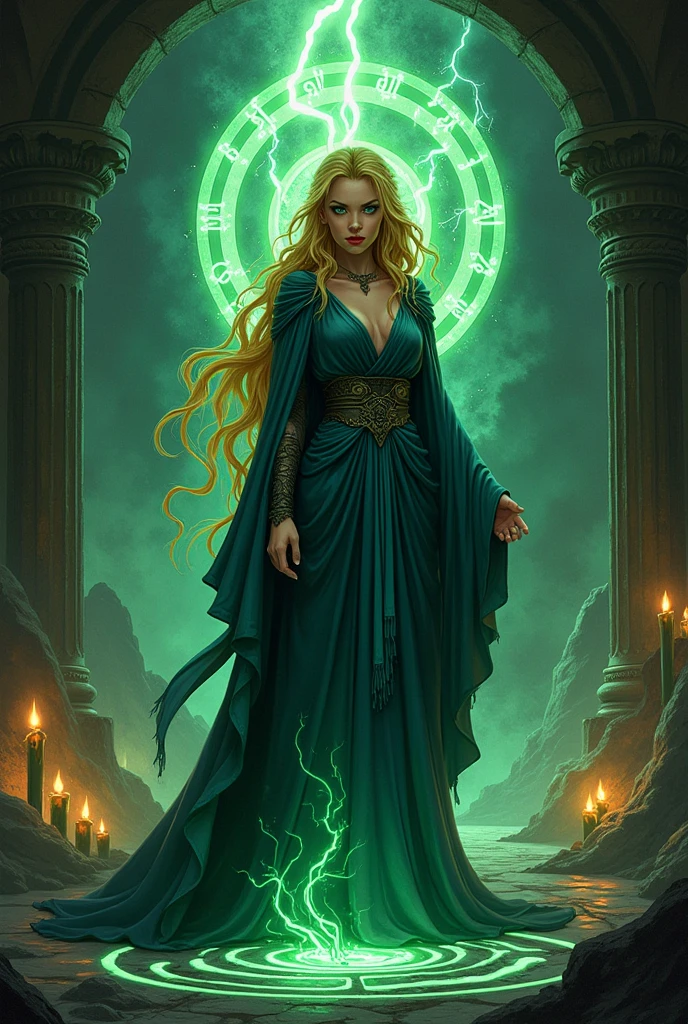 (inked original-art:1.2), (lineart:1.31), (fine-details:1.3), Flat-colors,   1 girl, adult (elven:0.7) woman,  teal eyes, yellow wavy hair,
(style-swirlmagic:1.0),  looking at viewer, solo, half shot, detailed background, detailed face, (V0id3nergy, void theme:1.1) evil sorcerer, tattered light blue magical robes, (grin:0.8), green color scheme, dark scarlet light, summoning circle,   evil book, dark atmosphere, shadows, realistic lighting, floating particles, sparks, surrounded by green lightning summoning, (thick melting candles:0.8), green arcane symbols,  power-hungry eyes,