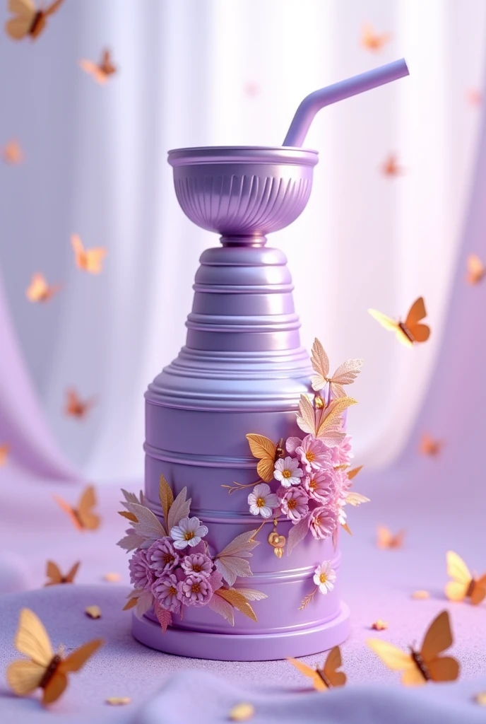 create the image of a Stanley cup with handle and straw with light purple color and simple golden butterflies and flowers