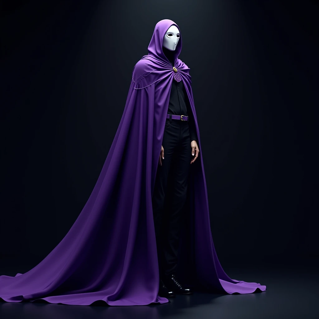 A mysterious character wearing a majestic purple cape, with a white mask adorned with minimalist purple details. The cape flows in the wind, creating a sense of movement. The background is dark and contrasting, with deep shadows that highlight the character's figure. They stand tall, exuding confidence and authority.