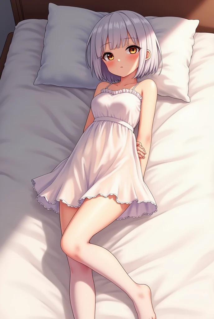 Anime shoujo,White transparent dress,White transparent stockings,white short hair,Shy,Small chest,No shoes,hands tied behind back,Lying on the bed