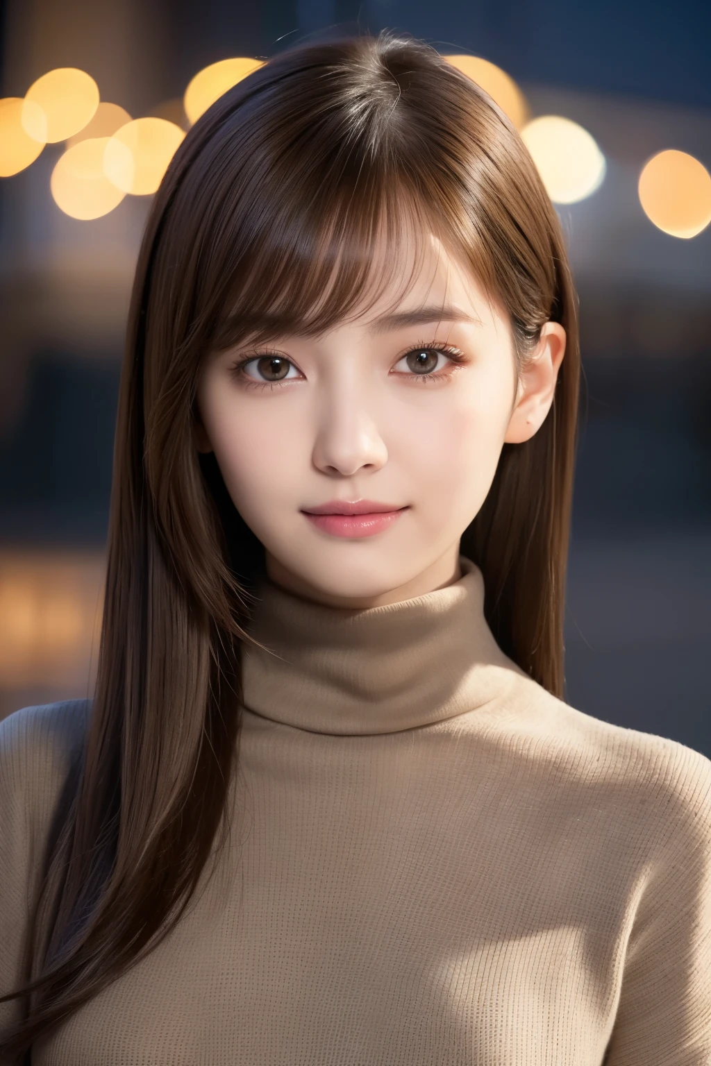 one 19 year old girl, (Dark yellow turtleneck thin sweater), Raw photo, highest quality, photorealistic, very delicate and beautiful, very detailed, 8K wallpaper, High resolution, soft light, very detailed目と顔, beautifully detailed nose, detailed and beautiful eyes, cinematic lighting, night city lights, perfect anatomy, slender body, well-shaped chest, straight hair, smile, asymmetrical bangs, light brown hair