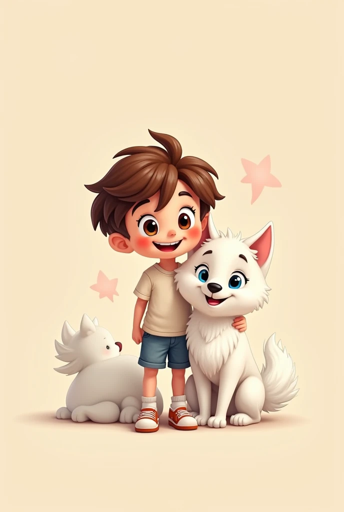 Create a cartoon image of a young brown-haired boy with a small, all-white, blue-eyed husky on a beige background