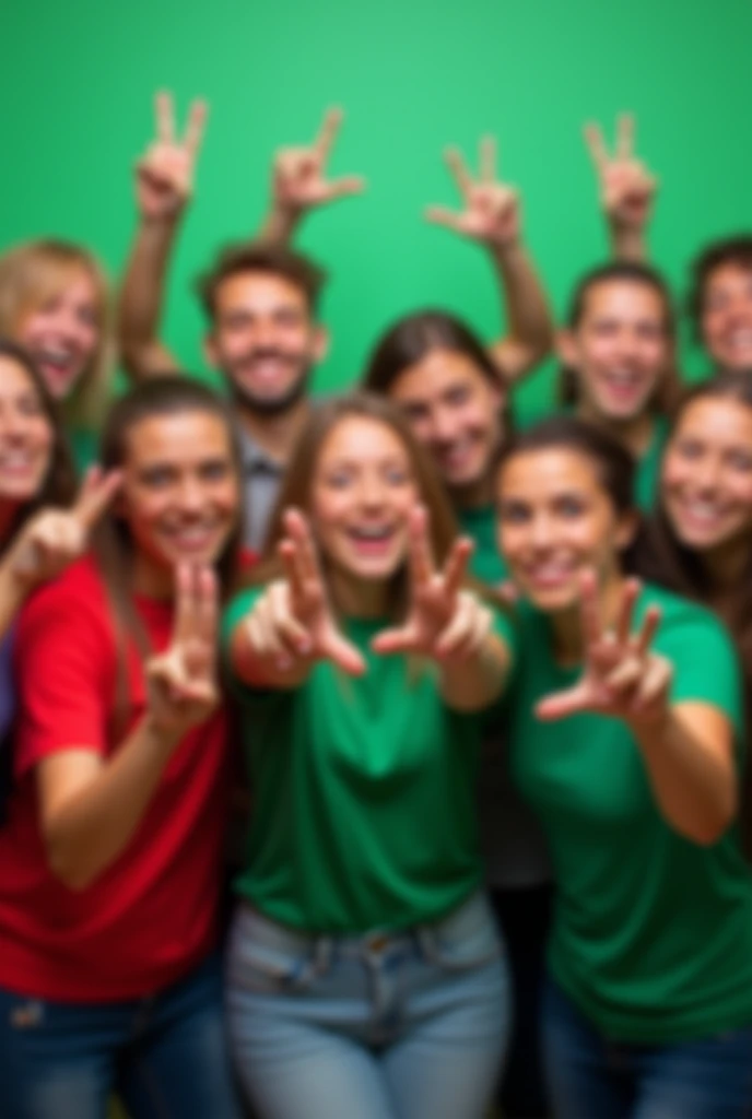 Create an image with a group of young people dressed in green and red shirts with one hand making the number 1 and with the other hand making the number 5, cheerful and vibrant background in green and red colors. The image must be all Blurred Blurred.