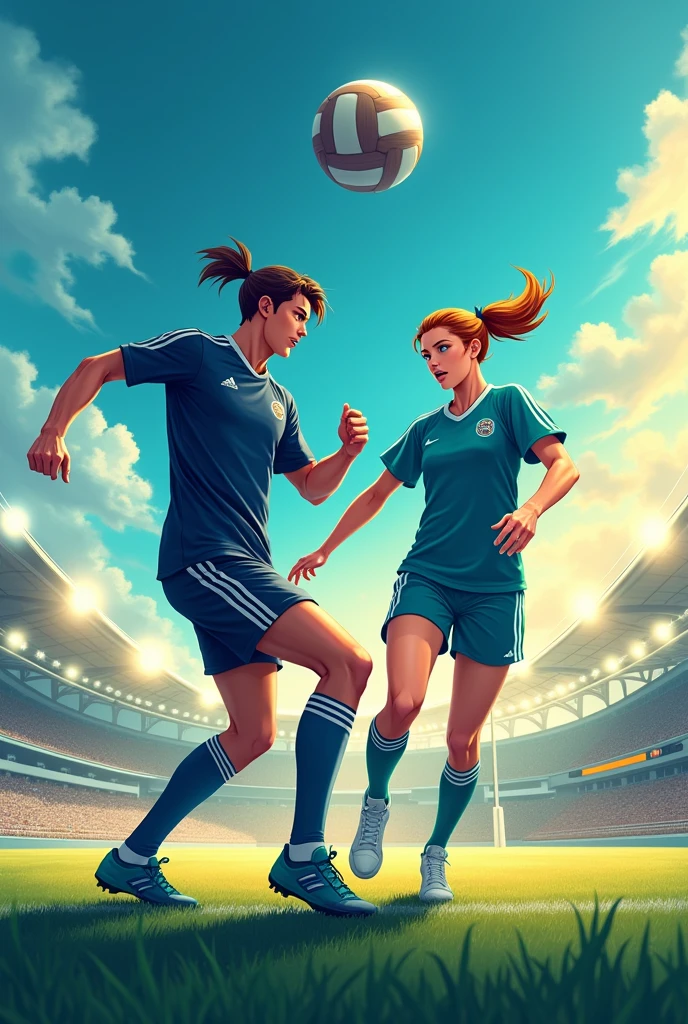 Create a highly realistic and elegant poster background featuring two athletes, a male and a female, in dynamic poses for volleyball and soccer. The setting should be a sophisticated football field, rendered in a slightly anime-inspired, realistic style. The athletes should wear uniforms in vibrant dark blue and teal. Design the background to be dynamic yet refined, with clean lines and a polished look. Integrate a subtle chess motif, such as a faint silhouette of a hybrid pawn and queen with a crown, seamlessly blended into the field or background elements. Use vivid secondary colors like bright light blue, soft blue, striking yellow, and muted green to highlight details and create an engaging atmosphere, while keeping the overall look elegant and professional. Ensure the design is visually attractive