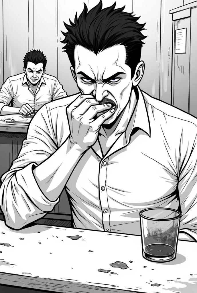 Create a lineart illustration Scene: Notwen Wipes Her Mouth Disdainfully: Focus on the man Notwen in a moment of disgust, wiping his mouth after drinking the whiskey. The expression of disdain can be emphasized, with the dirty glass and crooked table visible. Jeremy's figure can be in the background, looking at the menu or rolling his eyes, showing his lack of concern.