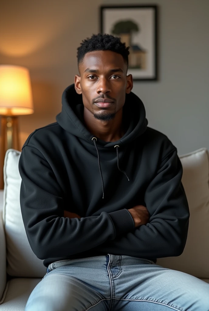 best qualityer:1.4), (ultra high resolution:1.2), (photorrealistic:1.4), (8k, CRU photo:1.2), a thin young man of 20 years old, skin black, with a smooth, beardless face, short american haircut on the sides and top, is wearing a black cropped hooded sweatshirt. He's wearing a hood. He's wearing light jeans. He is sitting on the white sofa in a room. his arms are crossed.
