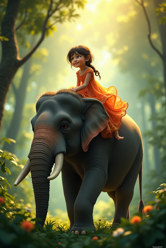 Indian An elephant is riding a bicycle and a girl is also sitting. There is a  on the bicycle and she is laughing.