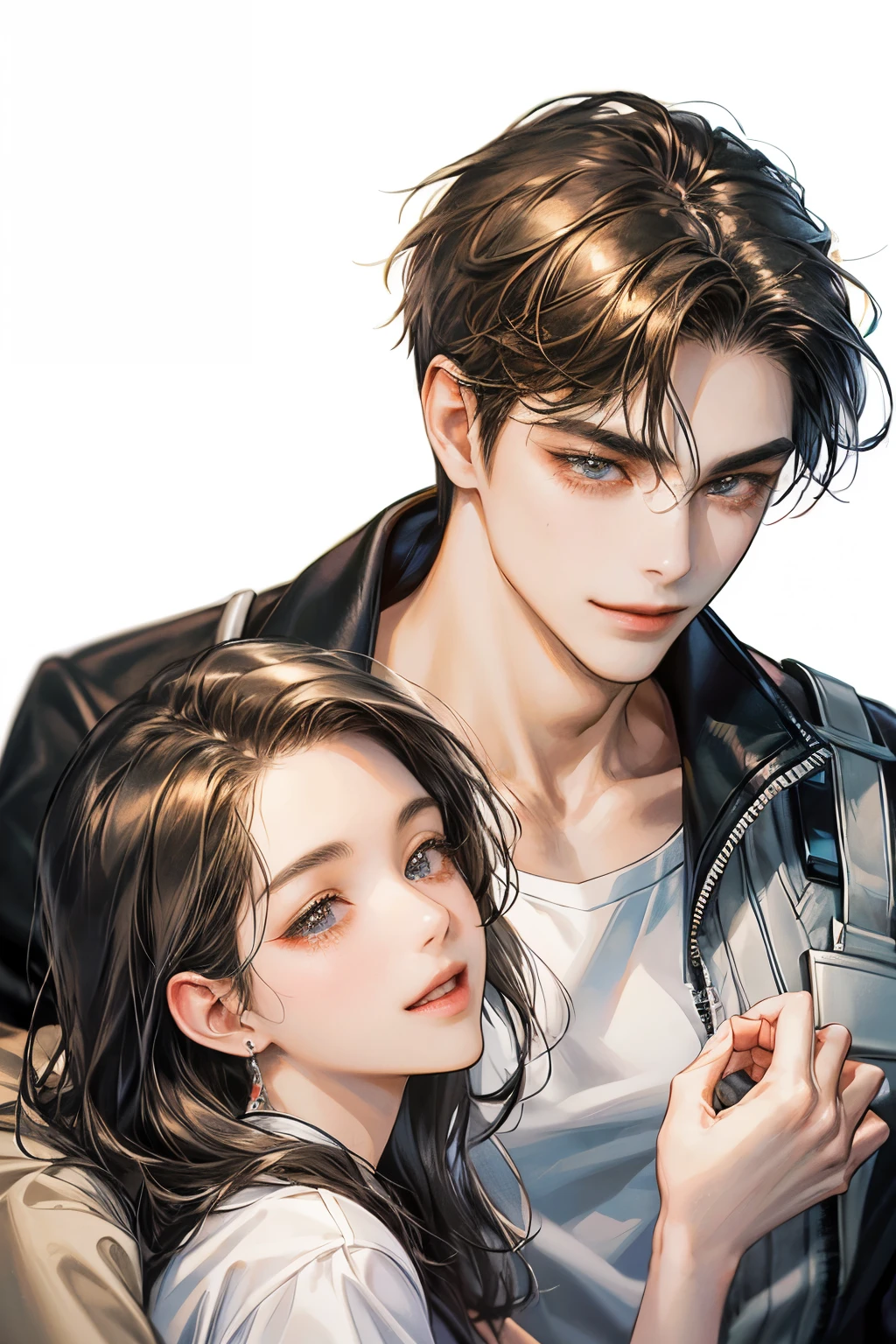 male couple, high resolution, Masterpiece, qualityที่ดีที่สุด, details, detailsสูง, quality, Anatomically correct, โมเดลhigh resolution, detailsมาก, high resolutionสุด, black hair, brown hair, รอยsmileชั่วร้าย, smile, simple background, Lots of white background, two men, MSM, t-shirt