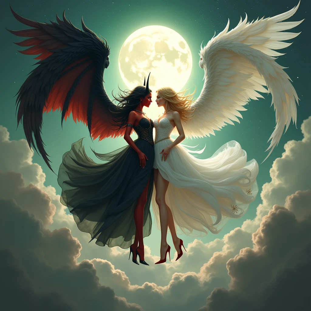 (highest quality, masterpiece, High resolution), 16K, fantasy art, RPG art a picture of (((1 female))), BREAK a (1female Angel: 1.3) , wearing intricate dress glam dress, ((black dress: 1.3)) pale skin, best details beautiful face , (blonde: 1.2) hair, long hair vy hair (green: 1.1) eye, High heelsブーツ, large Angelic wings, (white: 1.2) angelic wings spread BREAK ((and)) a (1female demon: 1.3), (red: 1.4) skin, Devil's Wings, (black: 1.1) Devil's Wings spread, Devil horns, (red: 1.1) skin, black hair, red eye, best details beautiful face, wearing a intricate dress glam dress, ((white dress: 1.3)), High heels, in the border between heaven and hell, moon, stars, cloud, god rays, soft nあturあl light silhouette, dynamic angle, Photorealism, panoramic view (Masterpiece 1.3, intense details) , Wide-angle, ultra-wide
